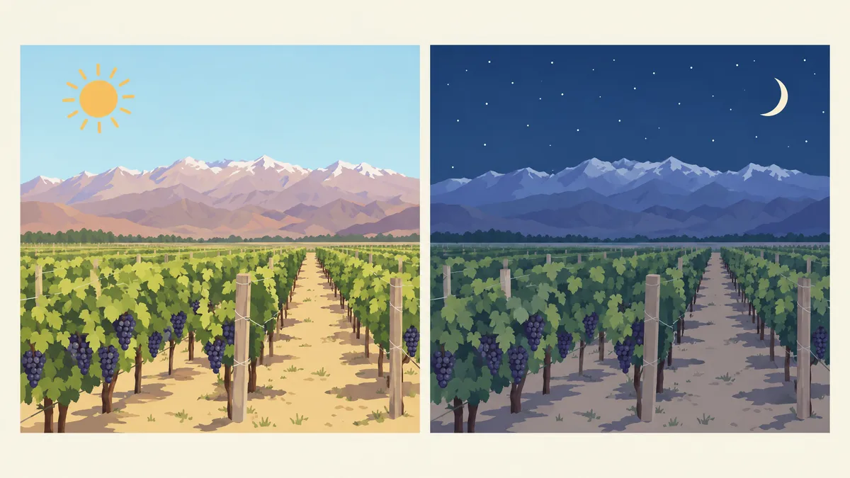 A Mendoza vineyard below the snow-capped Andes, shown under a hot midday sun and again on a cool, starry night