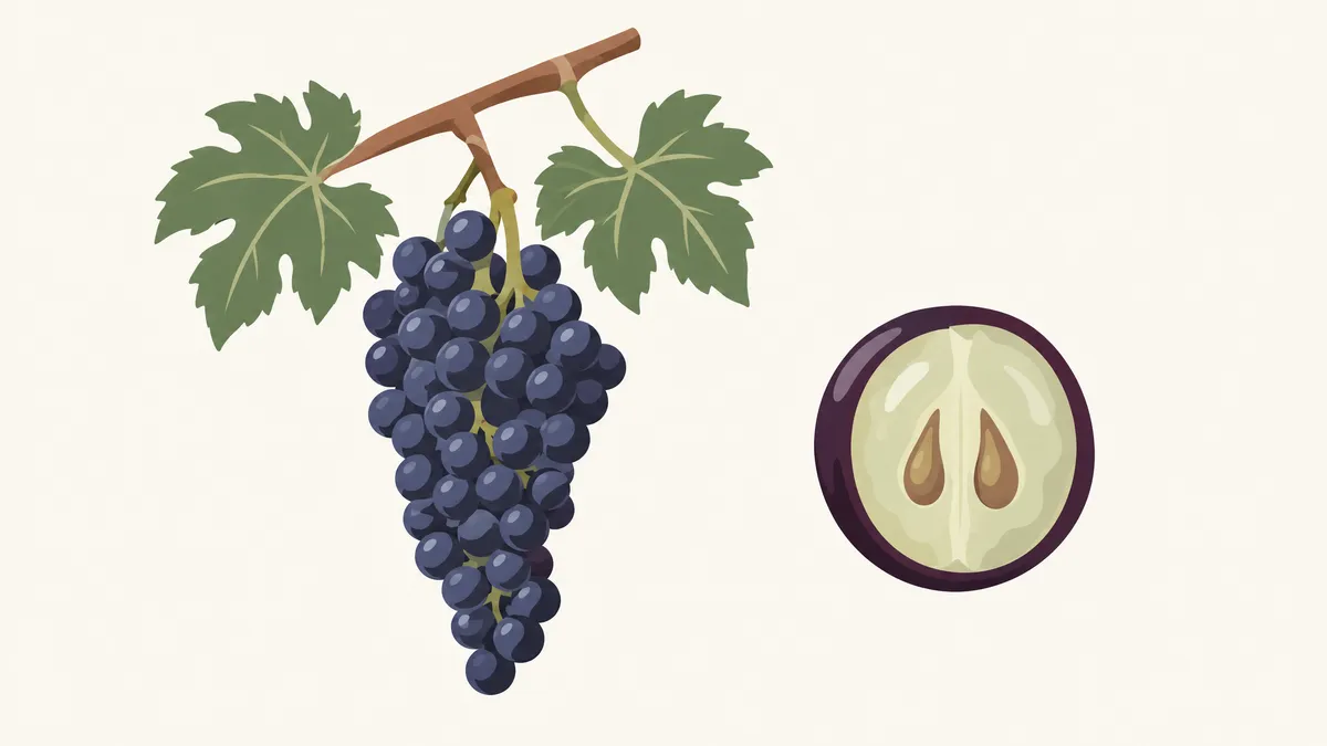 A Cabernet Sauvignon grape cluster beside one berry cut in half, showing its thick dark skin, pale flesh and seeds