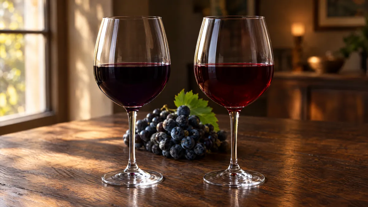 Two matched glasses of deep red wine side by side on a dark oak table beside a cluster of blue-black grapes
