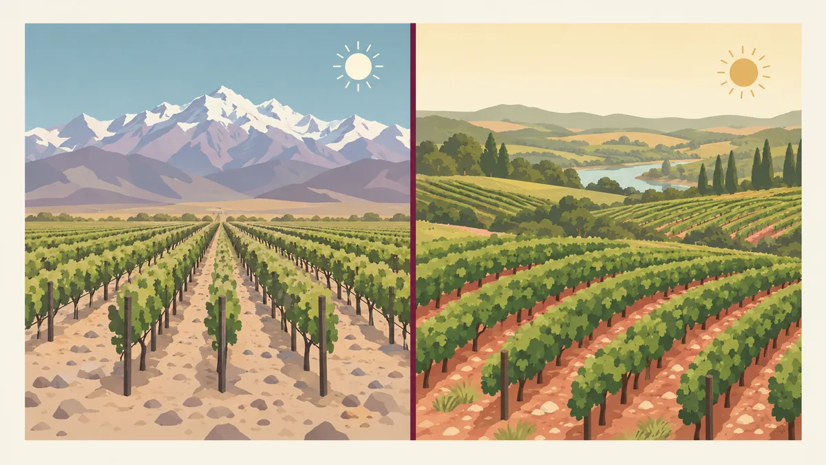 Two vineyards compared: straight rows below the snow-capped Andes in Mendoza, and green rows on rolling slopes near Cahors in south-west France