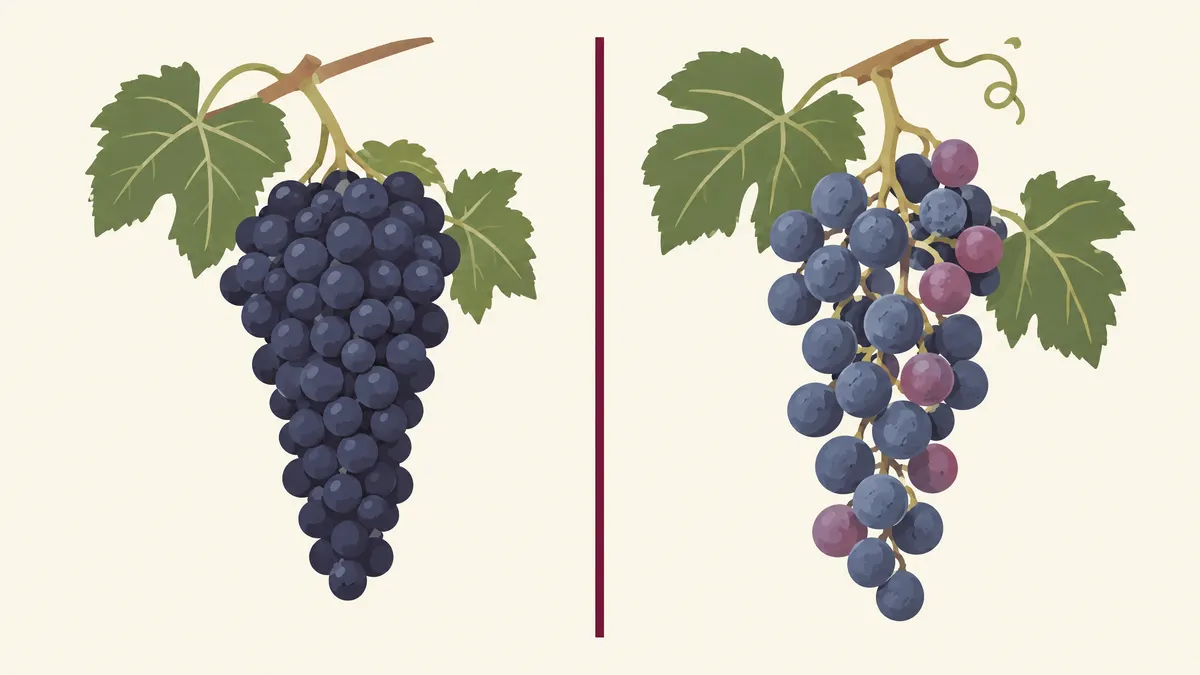 Two grape bunches side by side: a Malbec bunch with thick, deep blue-black skins and a looser Merlot bunch of larger, round berries