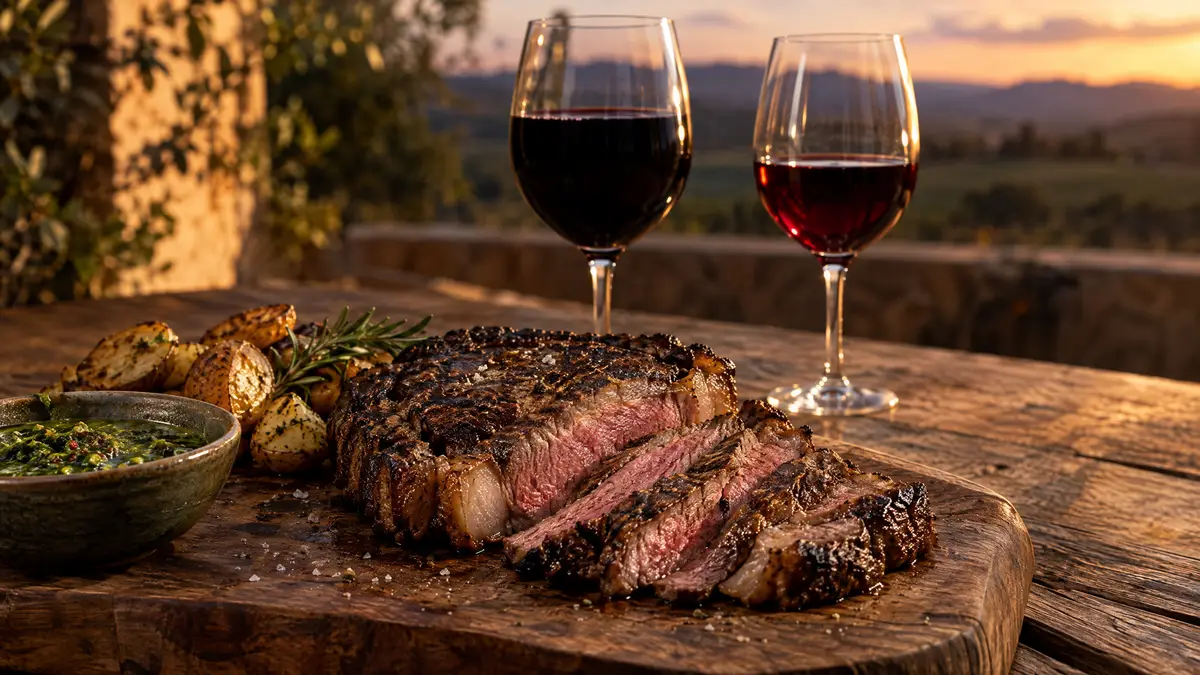 Sliced grilled ribeye with chimichurri on a wooden board, with a glass of inky Malbec and a glass of lighter ruby Merlot behind it