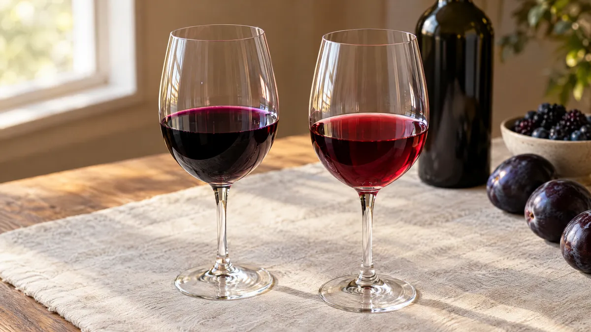 Two glasses of red wine side by side on a linen table, one inky purple-black Malbec and one lighter, translucent ruby Merlot