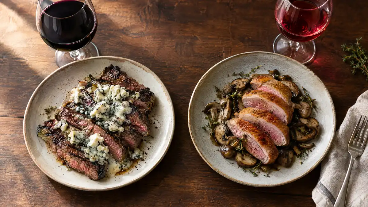 Grilled steak with melting blue cheese beside a glass of inky Malbec, and roast duck with mushrooms beside a glass of pale ruby Pinot Noir
