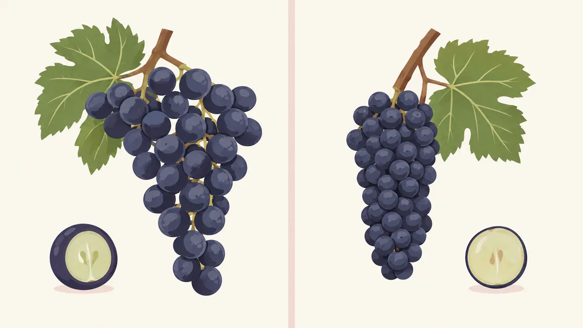 Side by side diagram of a large Malbec grape cluster with a thick-skinned cut berry and a small compact Pinot Noir cluster with a thin-skinned cut berry