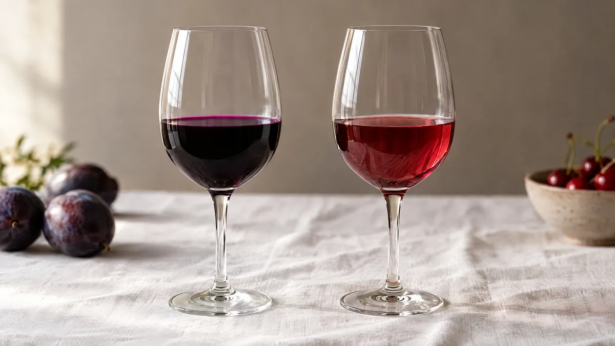 Two glasses of red wine side by side on white linen: an inky, near-opaque purple Malbec and a pale, see-through ruby Pinot Noir