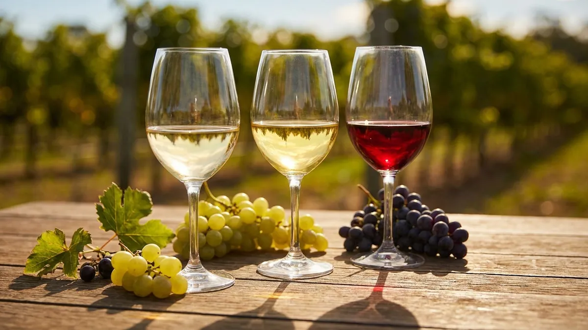 Three glasses on a sunlit wooden table — pale gold SSB, lemon-gold Chardonnay, and deep ruby Cabernet Sauvignon — with vineyard greenery softly blurred behind