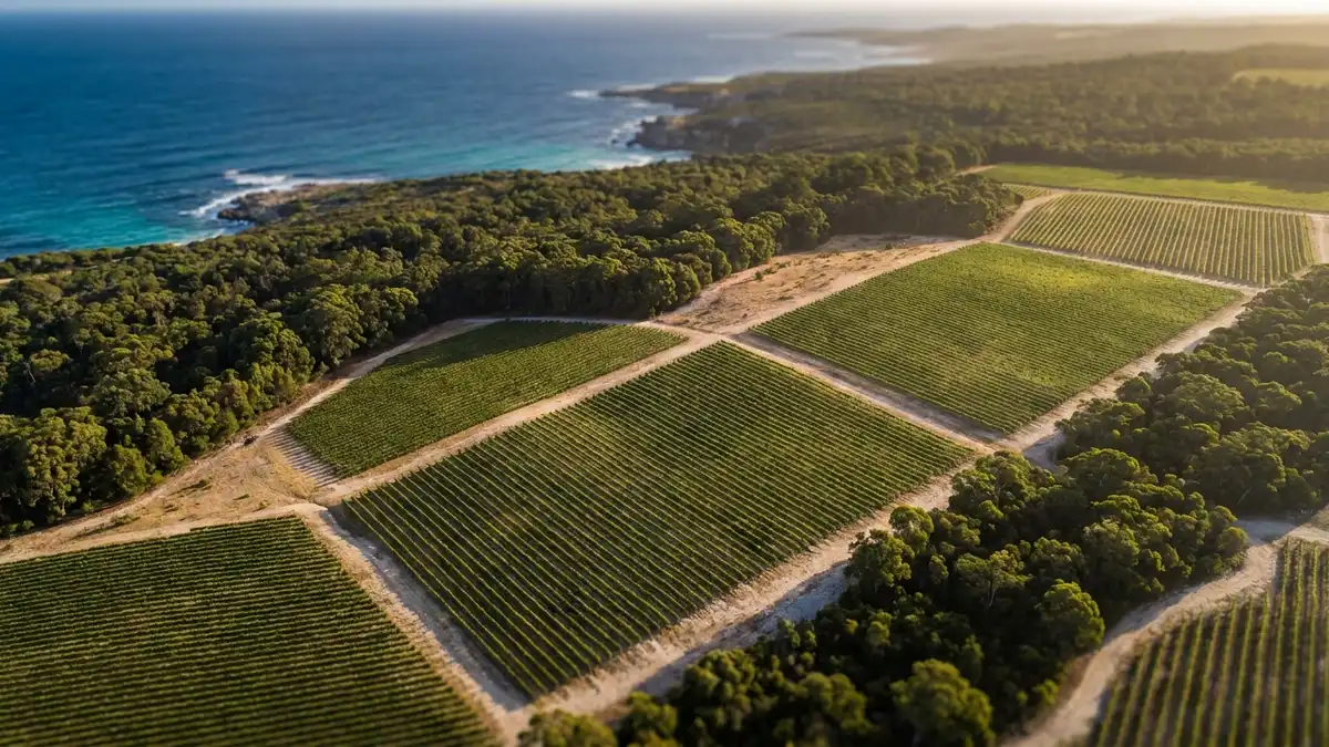 Aerial view of Margaret River coastal vineyards on gravelly soil, neat green vine rows running between karri forest and the Indian Ocean under soft morning light