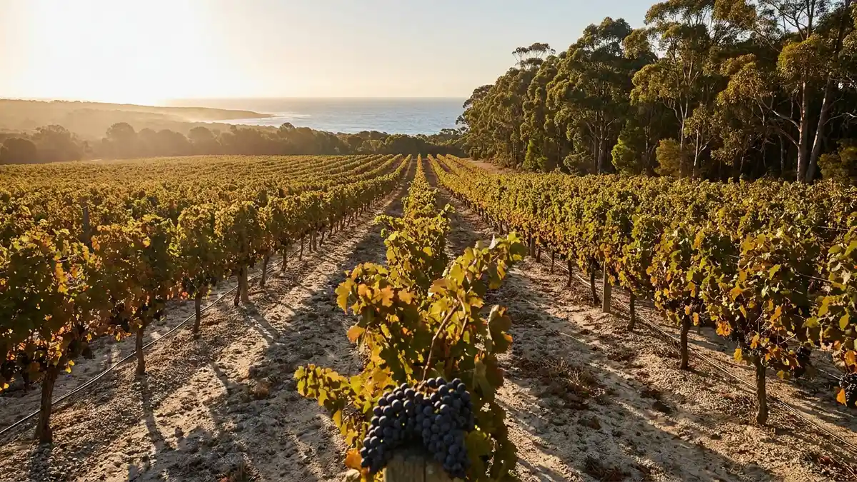 Coastal Margaret River vineyard at golden hour, neat rows of Cabernet vines running toward tall karri forest with the Indian Ocean beyond