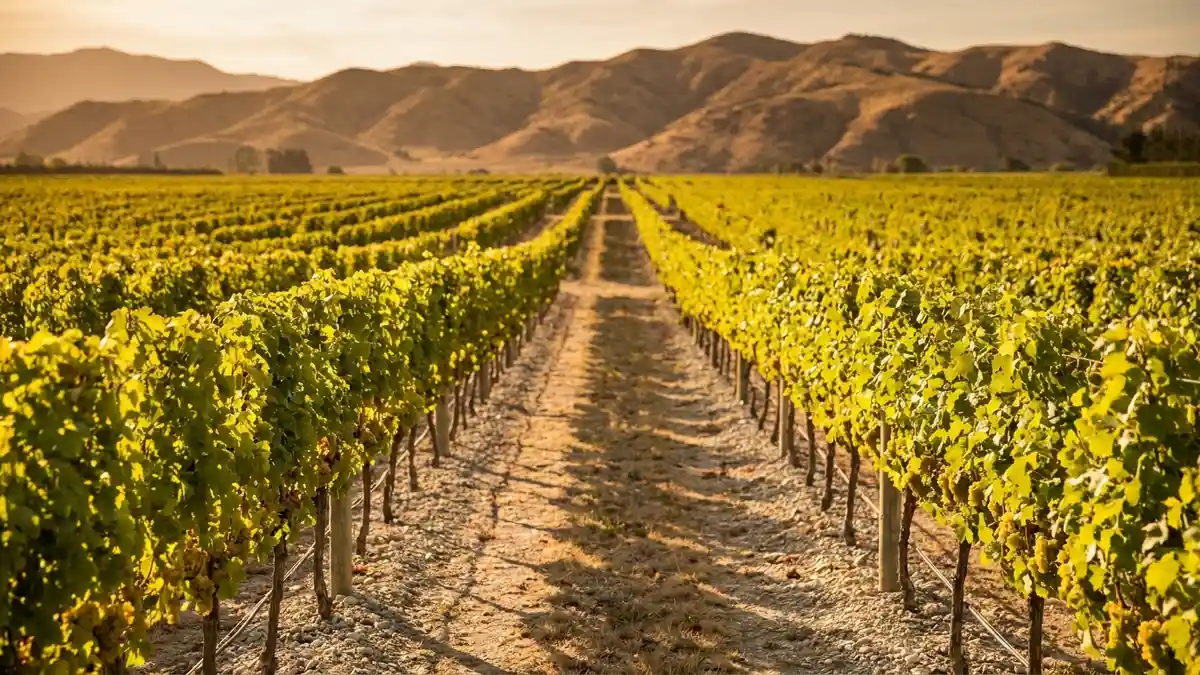 Wide flat Wairau Valley vineyard in Marlborough at golden hour, neat rows of Sauvignon Blanc vines on gravel terraces backed by dry brown hills