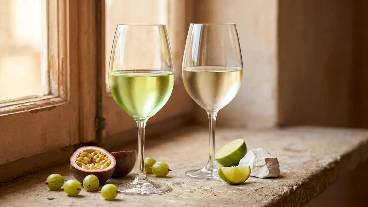 Two glasses of pale Sauvignon Blanc side by side on a stone ledge, one bright tropical Marlborough and one flinty restrained Sancerre, with lime and gooseberry nearby