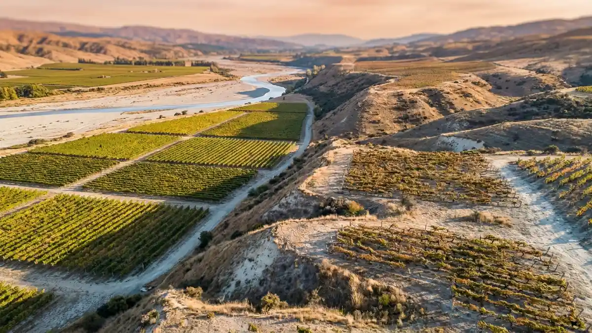 Stylized view of Marlborough's valleys, the broad sunny Wairau on flat gravel beside the cooler windy Awatere on higher dry slopes, warm autumn vineyard tones
