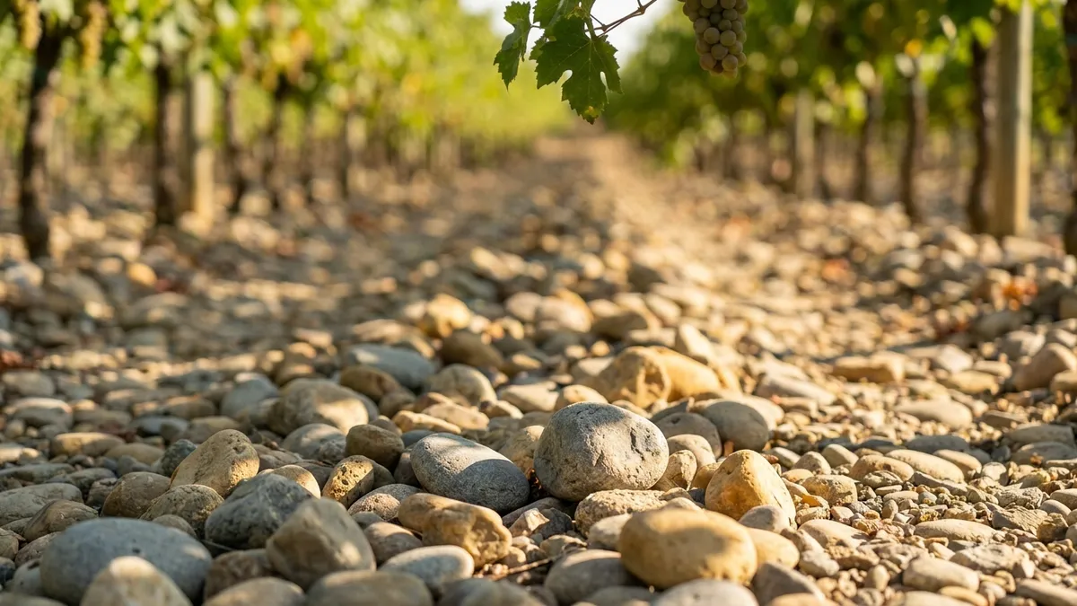 Close-up of free-draining gravel and river-stone vineyard soil in Marlborough, dry stones between green Sauvignon Blanc vine rows under bright sun
