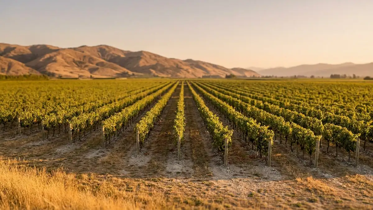 Wide Wairau Valley vineyard in Marlborough, New Zealand at golden hour, neat rows of Sauvignon Blanc vines on flat gravel terraces backed by dry brown hills