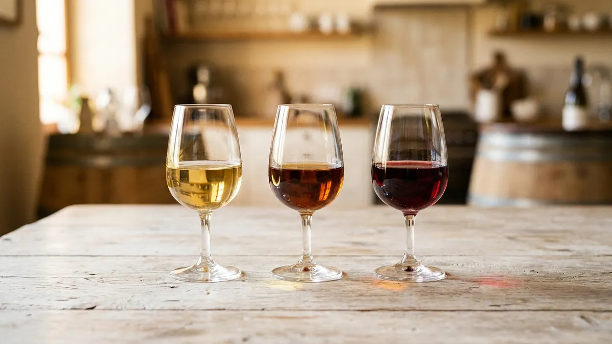 Three small glasses of Marsala side by side, showing pale gold, deep amber, and ruby color, on a rustic wooden table
