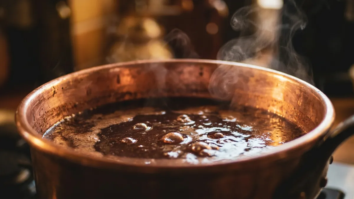 A close-up of dark, syrupy cooked grape must reducing in a wide copper pot, steam rising in warm light