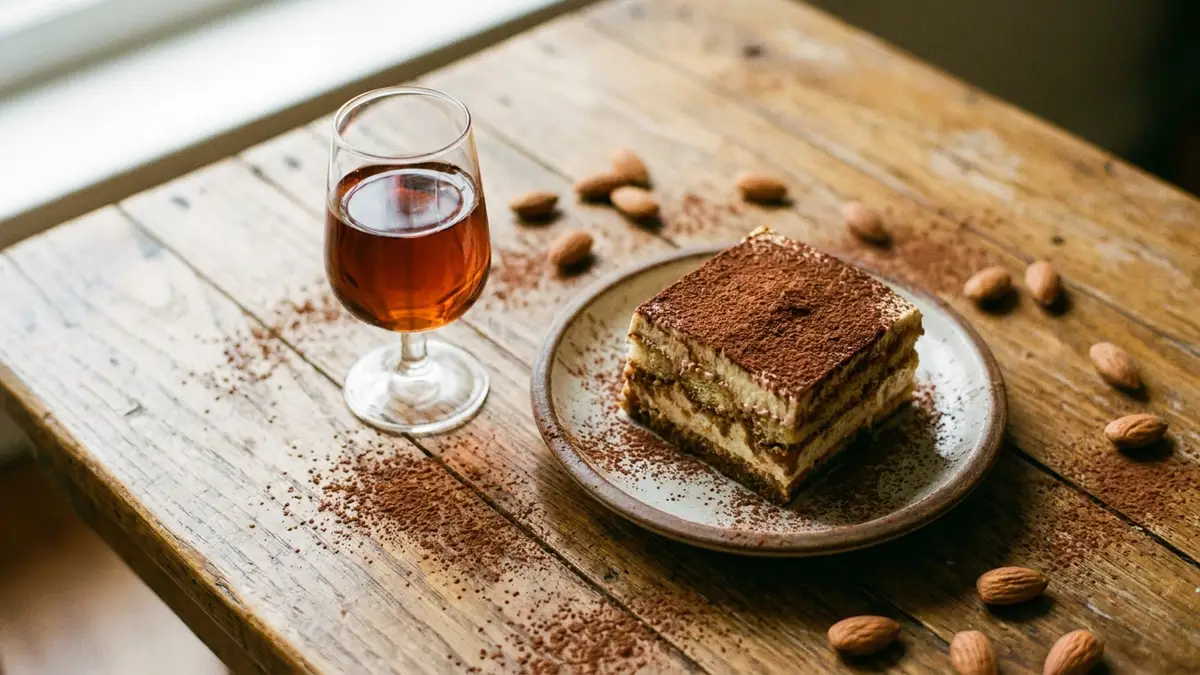 A slice of tiramisu next to a small pour of amber Marsala wine, shot from overhead on a rustic table