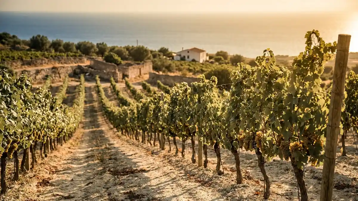 A Sicilian coastal vineyard at golden hour, rows of vines running toward the sea near the town of Marsala