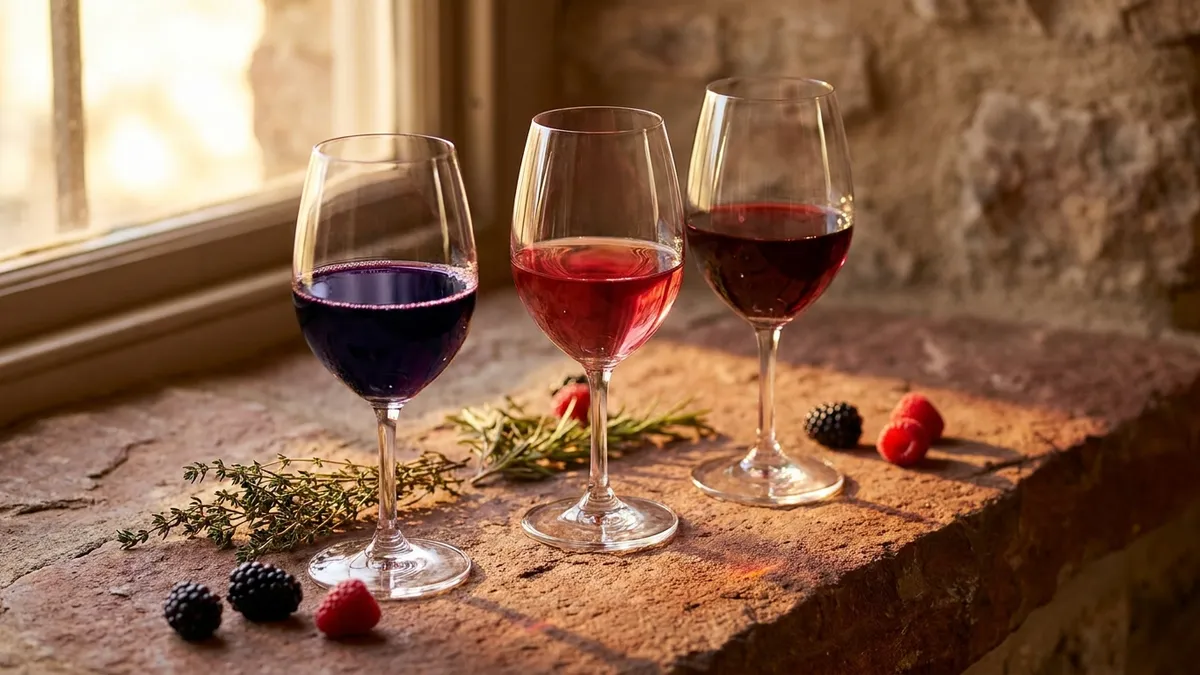 Three glasses of red wine side by side — deep inky Shiraz, pale bright Grenache, and a balanced GSM blend — on a rustic ironstone ledge in warm light