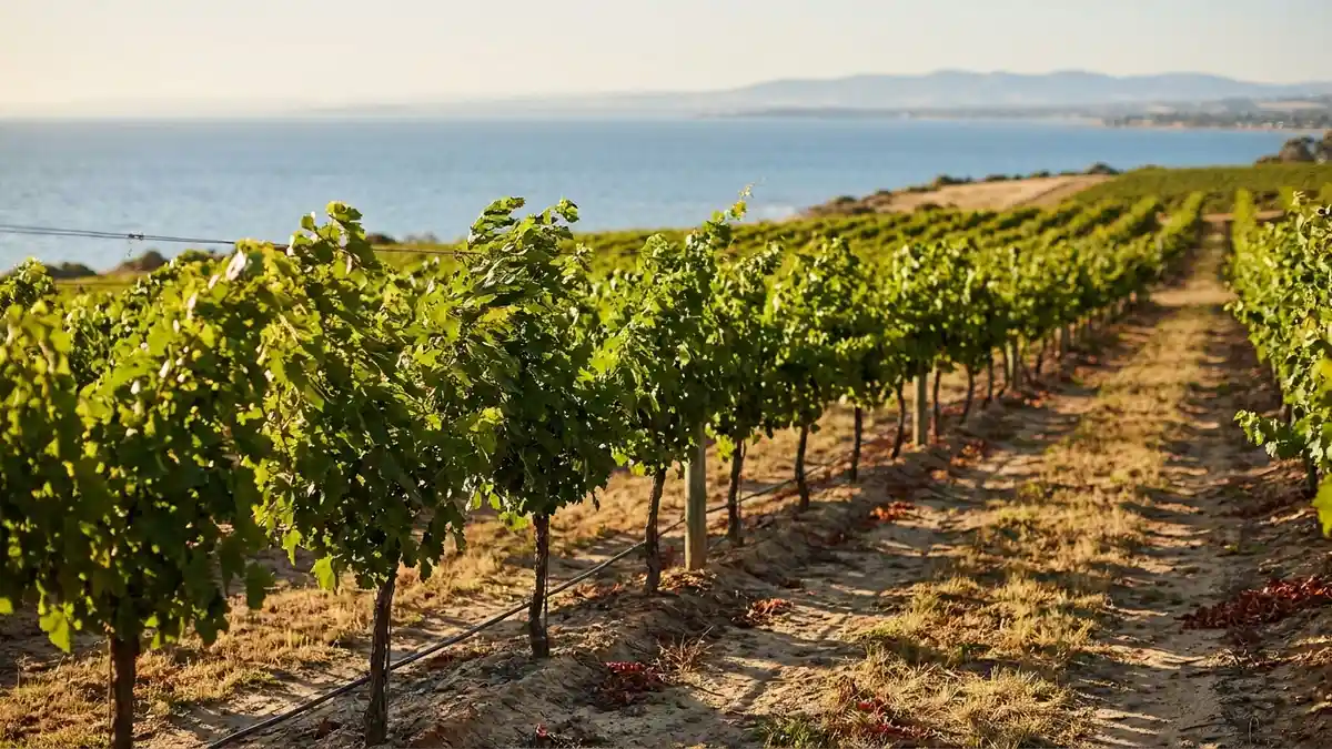 Rolling McLaren Vale vineyard rows running down a gentle slope toward the blue water of Gulf St Vincent, warm afternoon light, a sea breeze stirring the vines