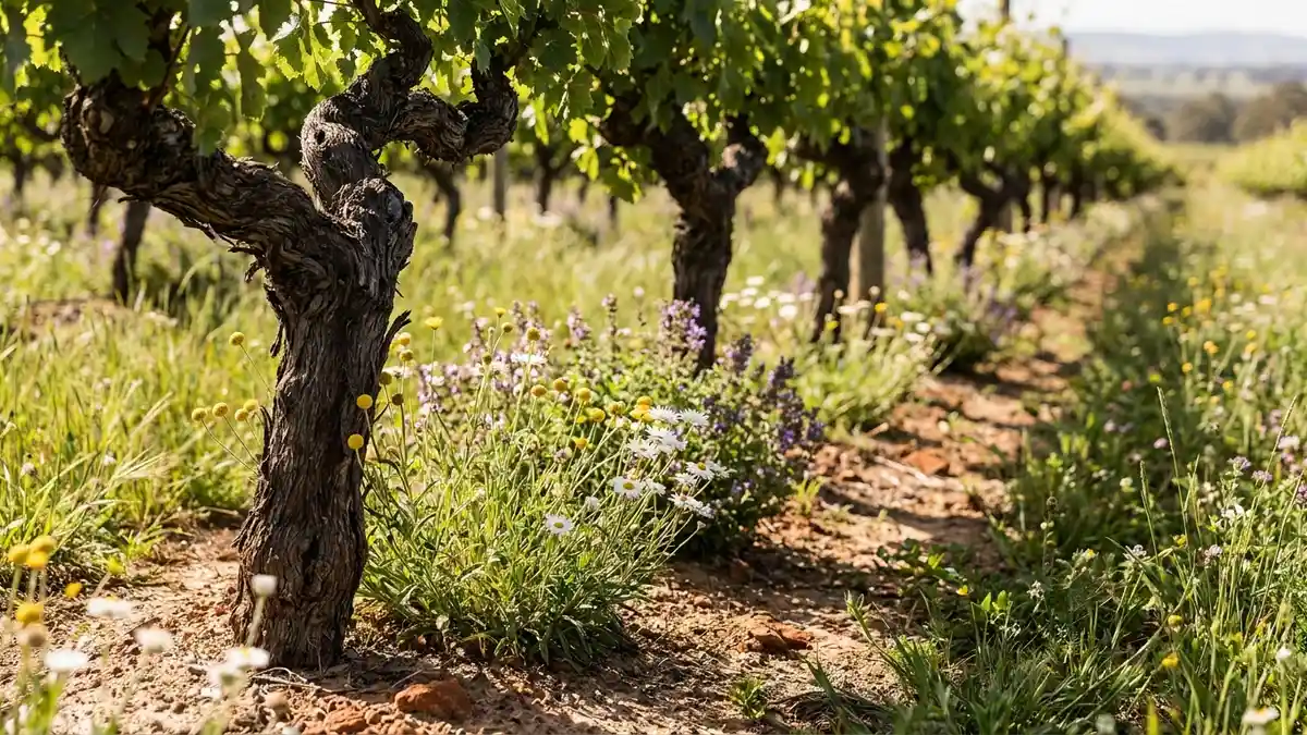 A McLaren Vale vineyard farmed organically, with native cover crops and wildflowers growing between old gnarled Grenache bush vines under a clear sky
