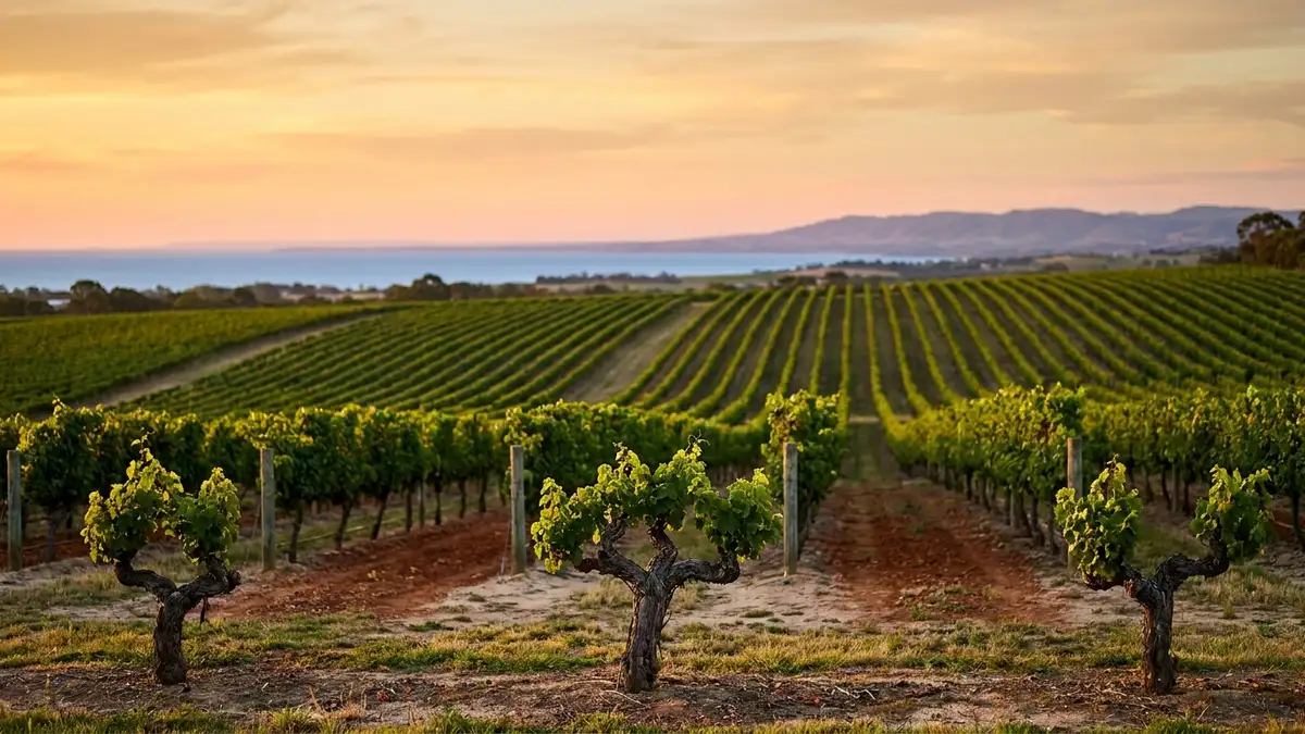 Rolling McLaren Vale vineyard rows running toward the blue line of Gulf St Vincent under a warm South Australian sky