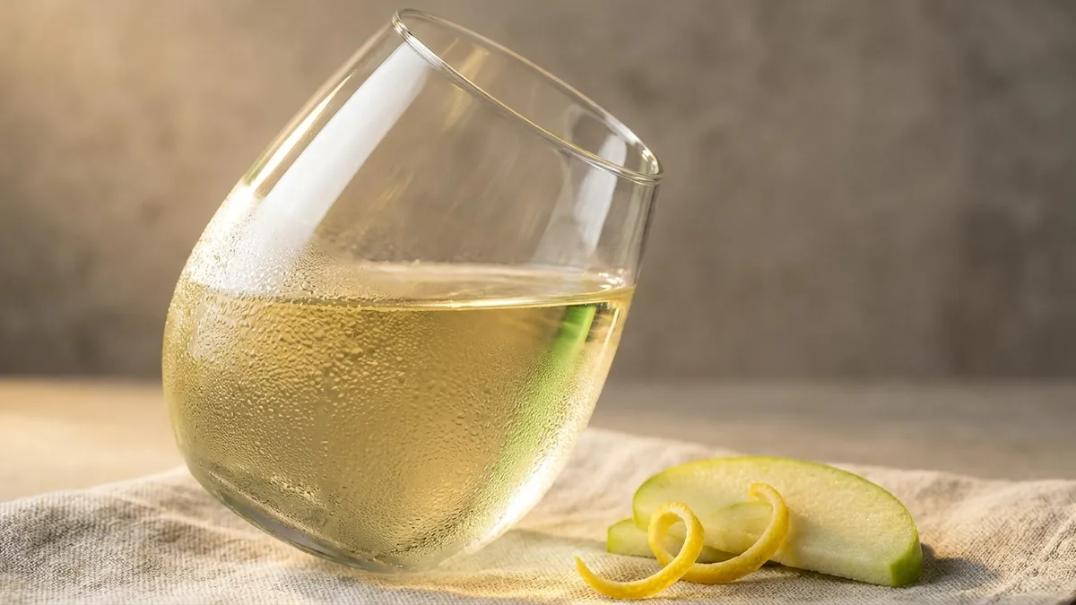 A glass of pale lemon-gold Muscadet showing crisp clarity with green-tinged highlights