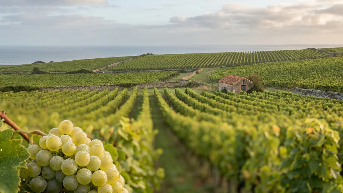 A vineyard of Melon de Bourgogne vines on gentle slopes near the Atlantic coast in the Pays Nantais
