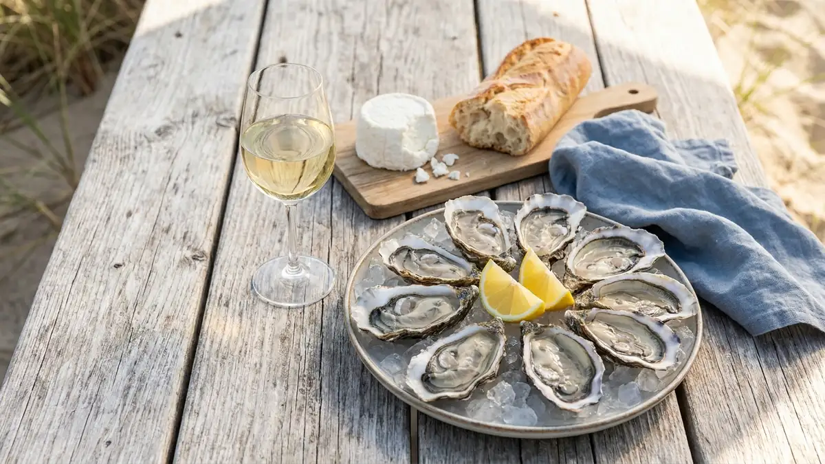 A coastal table set with Muscadet, raw oysters on ice, lemon wedges, and fresh goat cheese