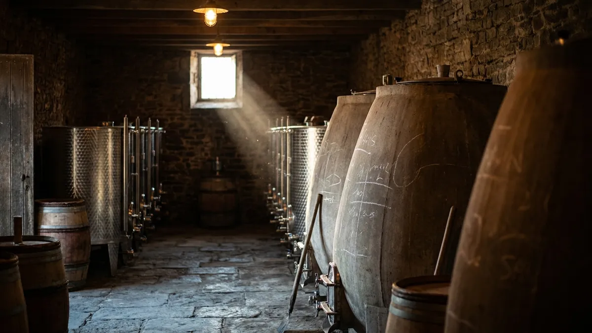 A coastal cellar in the Pays Nantais with Muscadet resting in tanks over its lees through winter