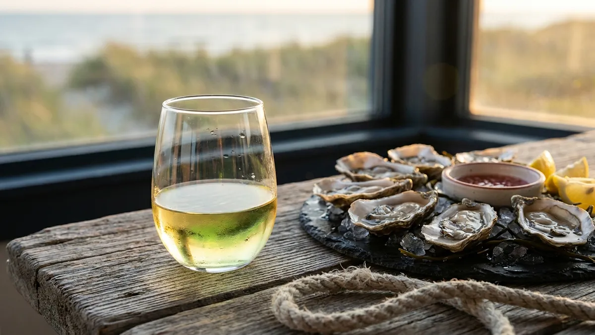 A glass of pale, lemon-gold Muscadet beside freshly shucked oysters on crushed ice on a coastal table