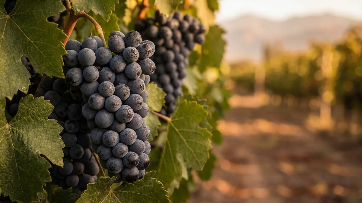 Close-up of dark, ripe Malbec grape clusters on the vine with thick purple skins, Mendoza vineyard rows blurred behind