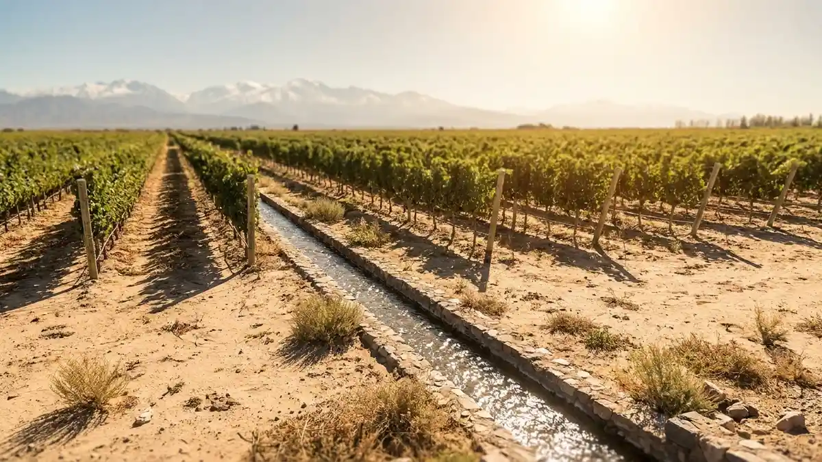 Sun-drenched desert vineyard in Mendoza with irrigation channels running between the vine rows and the Andes rising in the distance