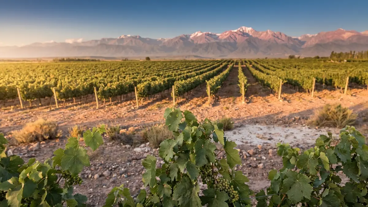 High-altitude Mendoza vineyard rows in the Uco Valley with the snow-capped Andes rising behind them at golden hour