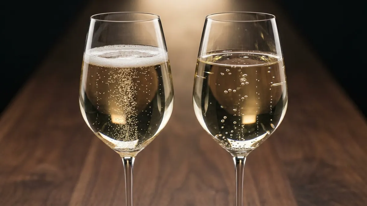 Two tall glasses of sparkling wine side by side on a dark wooden table, the left with a fine dense stream of tiny bubbles, the right with larger scattered bubbles