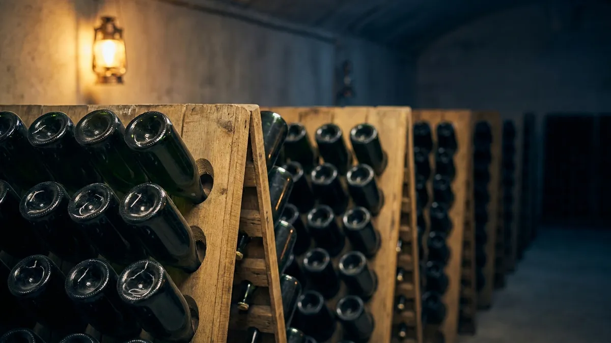 Wooden A-frame riddling racks holding dozens of bottles neck-down at a steep angle in a dim chalk cellar, a single warm light from one side