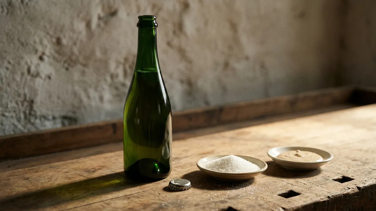 A green bottle of still base wine on a cellar bench beside a crown cap and small dishes of sugar and yeast for the tirage