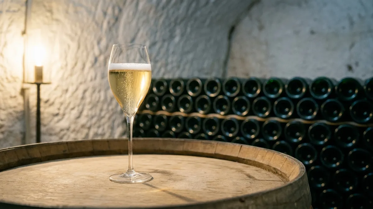 A glass of pale gold sparkling wine on a barrel head in a chalk cellar, stacked bottles resting in the shadows behind it