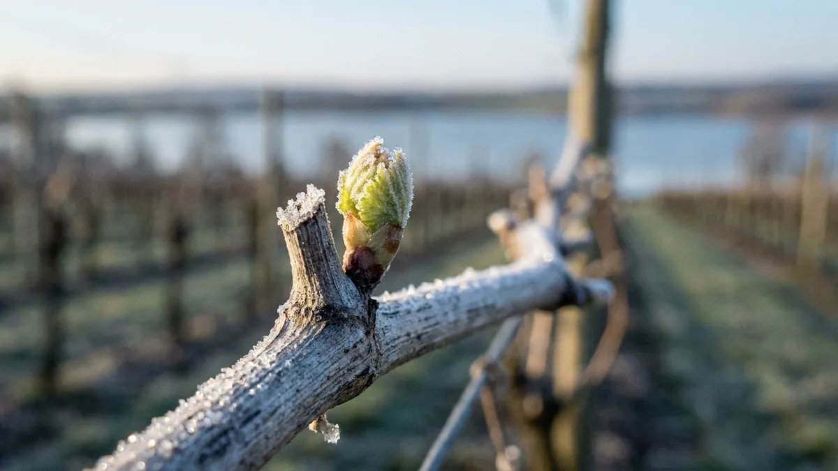 A dormant grapevine bud dusted with frost, just starting to open, with a cold grey-blue lake blurred behind