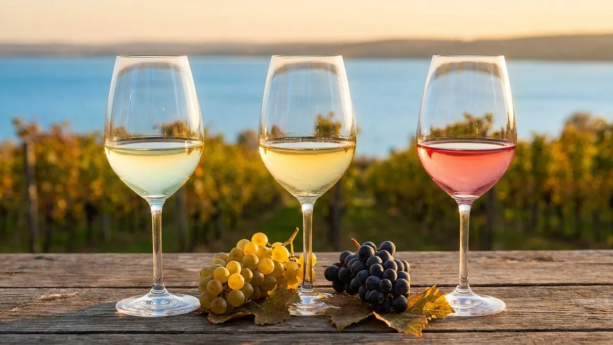 Three glasses of Michigan wine, pale lemon, pale gold and pale rosy red, on a wooden table beside grape clusters with a lake behind