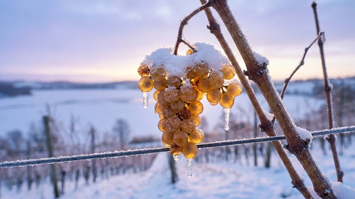 A cluster of frozen golden grapes coated in ice and snow on a winter vine, backlit by a low dawn sun