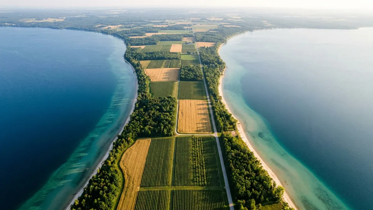Aerial view of a narrow peninsula striped with vineyard rows reaching into a deep blue bay of a great freshwater lake