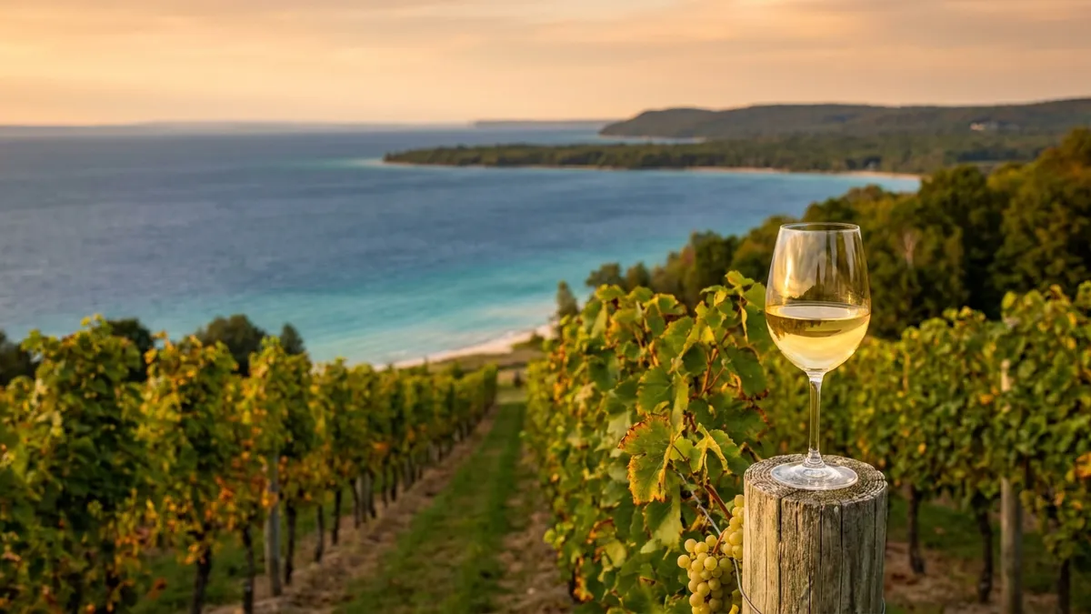A northern Michigan vineyard sloping toward a wide blue lake at golden hour, with a glass of pale white wine on a fence post