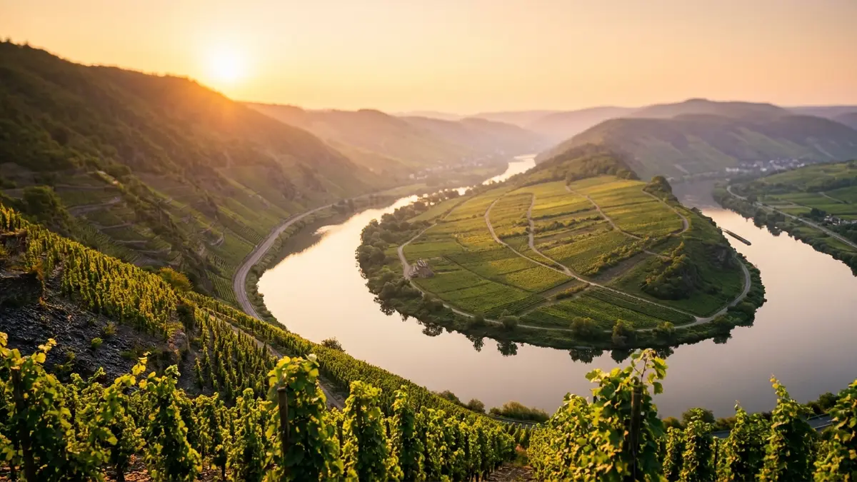 Wide view of the Mosel river winding through steep slate vineyard slopes in soft golden light