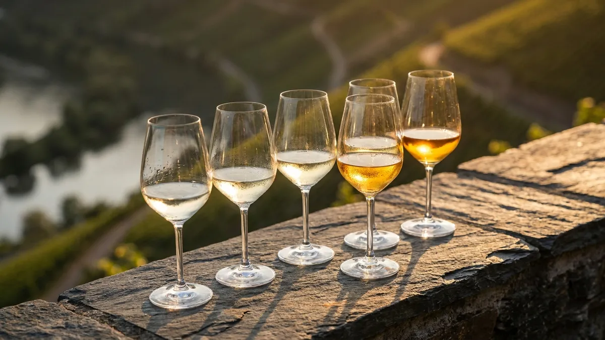 Row of pale Riesling wines in tasting glasses ranging from light to deep gold, on a slate ledge above the Mosel valley