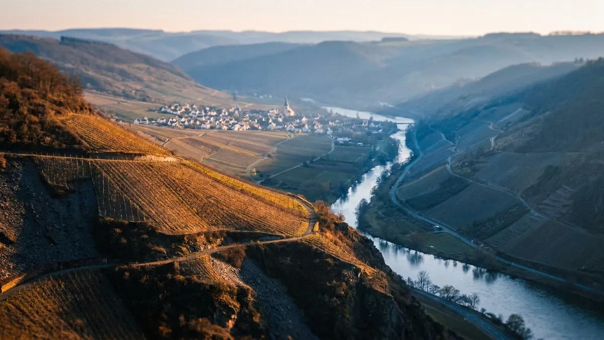 Stylized vertical view of the Mosel valley showing the main river joined by the smaller Saar and Ruwer tributaries near Trier, vineyards in warm tones