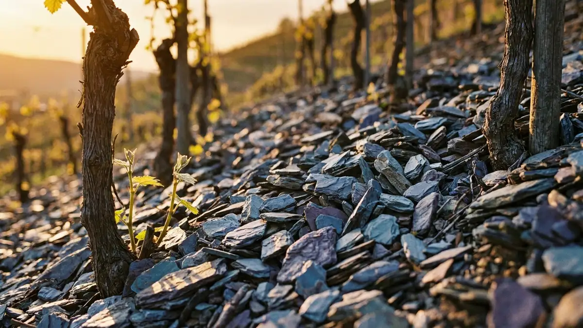 Close-up of broken blue-grey slate soil between rows of Riesling vines on a steep Mosel slope