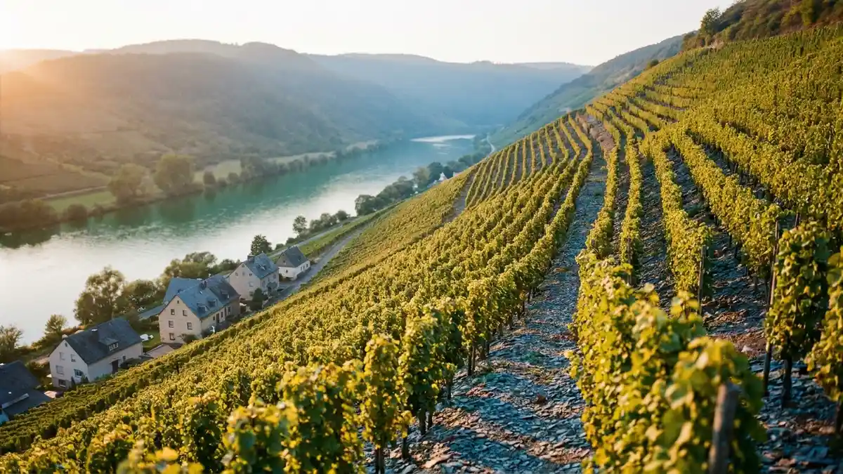 Steep blue-slate Mosel vineyard slope rising sharply above a curve in the river, neat rows of Riesling vines catching low golden light