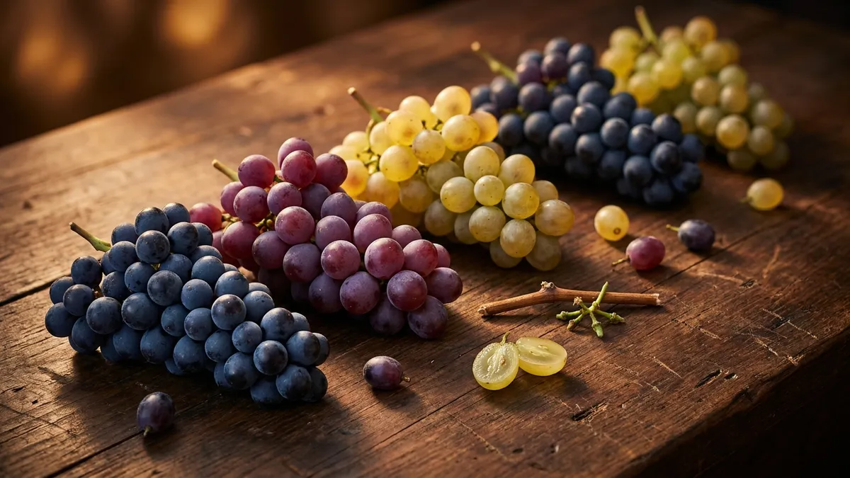 A flat lay of grape clusters showing the color range from blue-black Cabernet to pale green Airén on a rustic wooden surface in warm side light