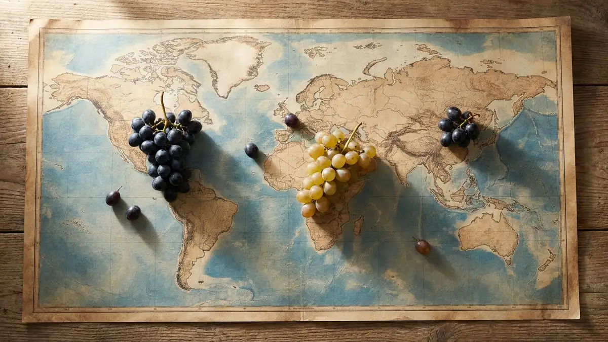 A weathered map of the world's wine regions with small clusters of dark and pale grapes resting on Spain, France, and China, lit by warm soft light